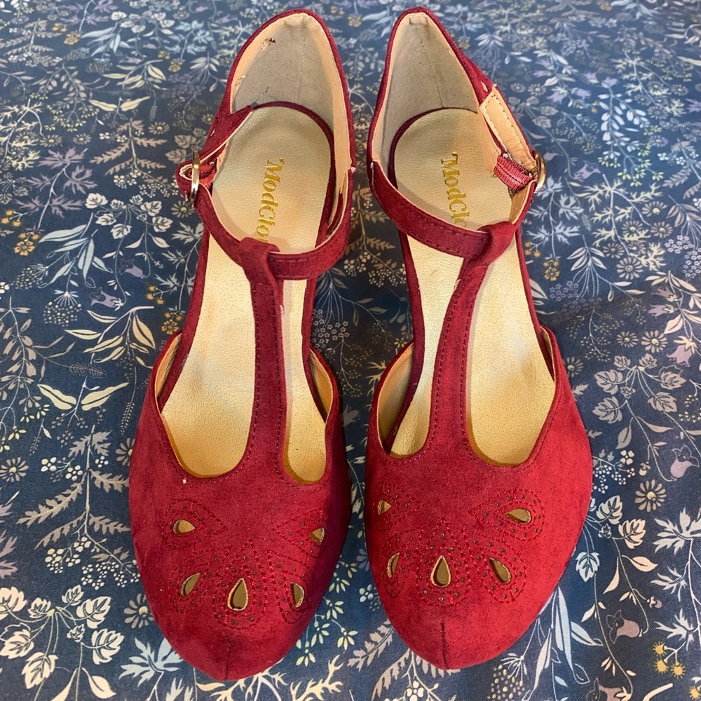 Modcloth Maroon Flat T-Strap Mary Janes